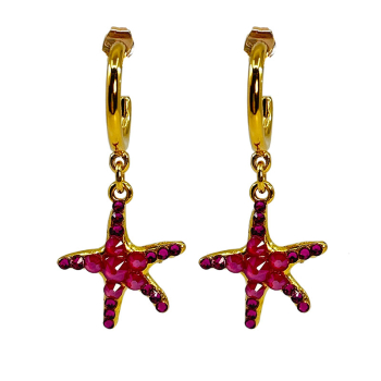 Ekaterini Ohrringe Starfish, Seestern, pinke Swarovski Kristalle an brauner Kordel und goldenen Akzenten